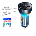 60W Dual Port USB Car Charger with PD QC3.0 Voltmeter and Ambient Light