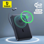 10000mAh Magnetic Wireless Power Bank with Built-In USB-C Cable