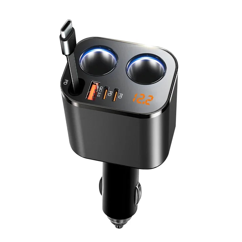6-in-1 Retractable Fast Car Charger Adapter with Dual Lighter Ports - 6