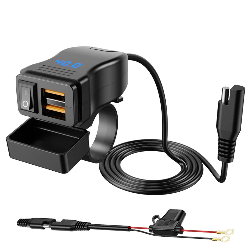 Motorcycle Handlebar USB Type C Charger with Voltmeter and Power Switch