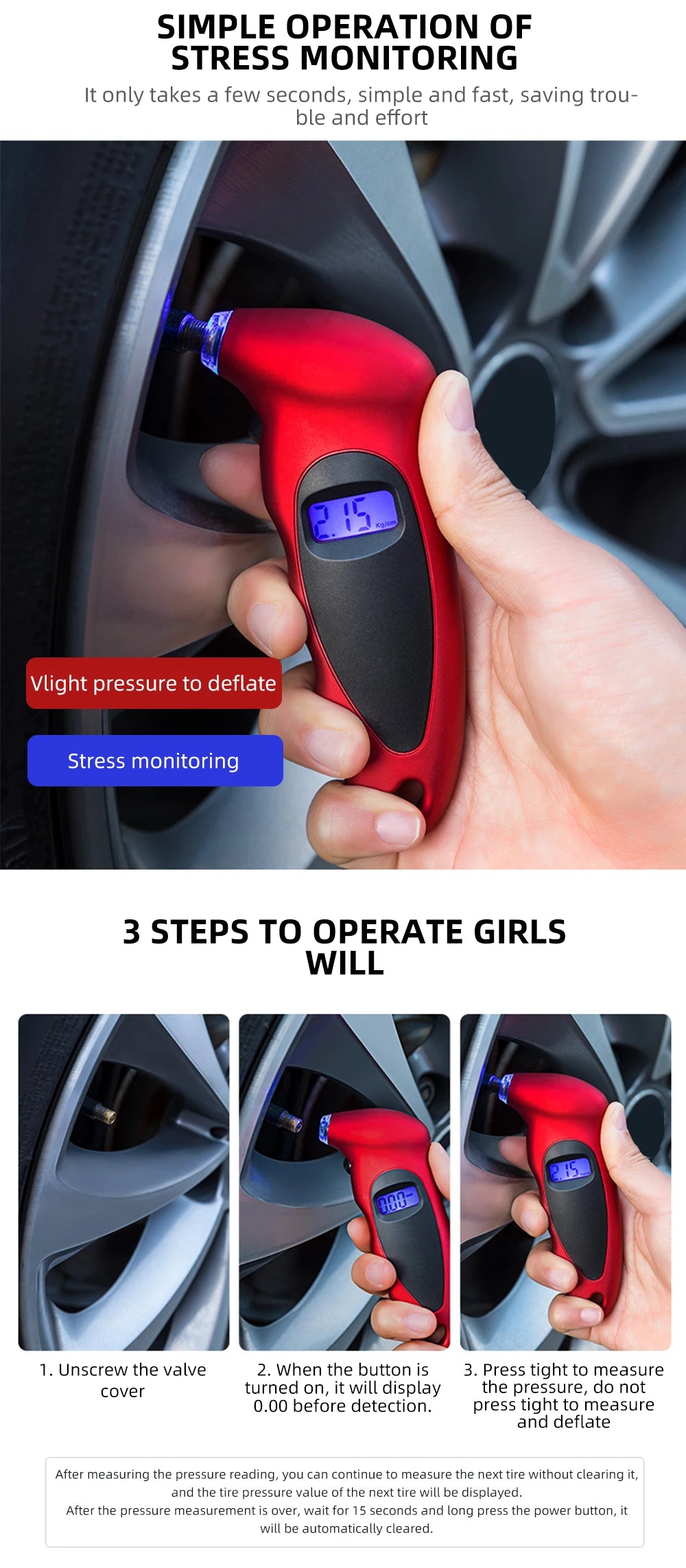 Digital Tire Pressure Gauge for Cars, Motorcycles, and Bicycles