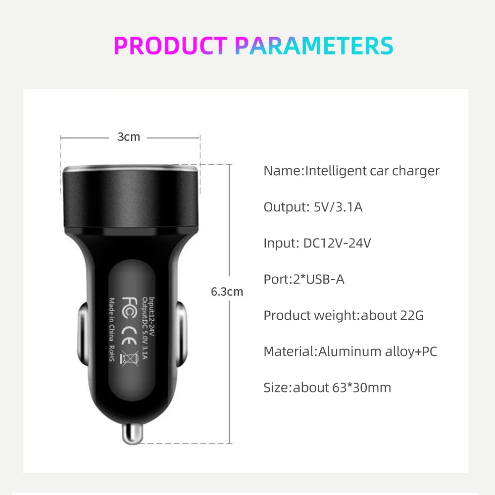 3.1A Dual USB Car Charger with LED Digital Voltage Display 12V 24V