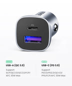 30W Dual Port Fast Car Charger with PD 3.0 and QC 4.0
