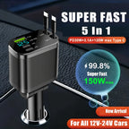 148W 7 in 1 Retractable Car Charger with Voltage Display and Starry Lamp