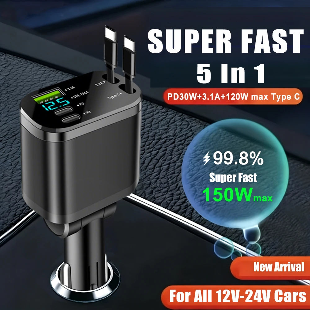 148W 7 in 1 Retractable Car Charger with Voltage Display and Starry Lamp