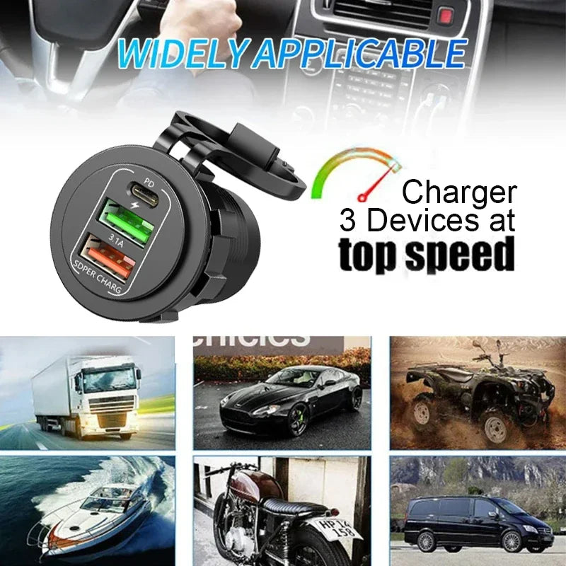 83W 4 Port USB and USB-C Fast Car Charger Socket for 12V 24V Vehicles