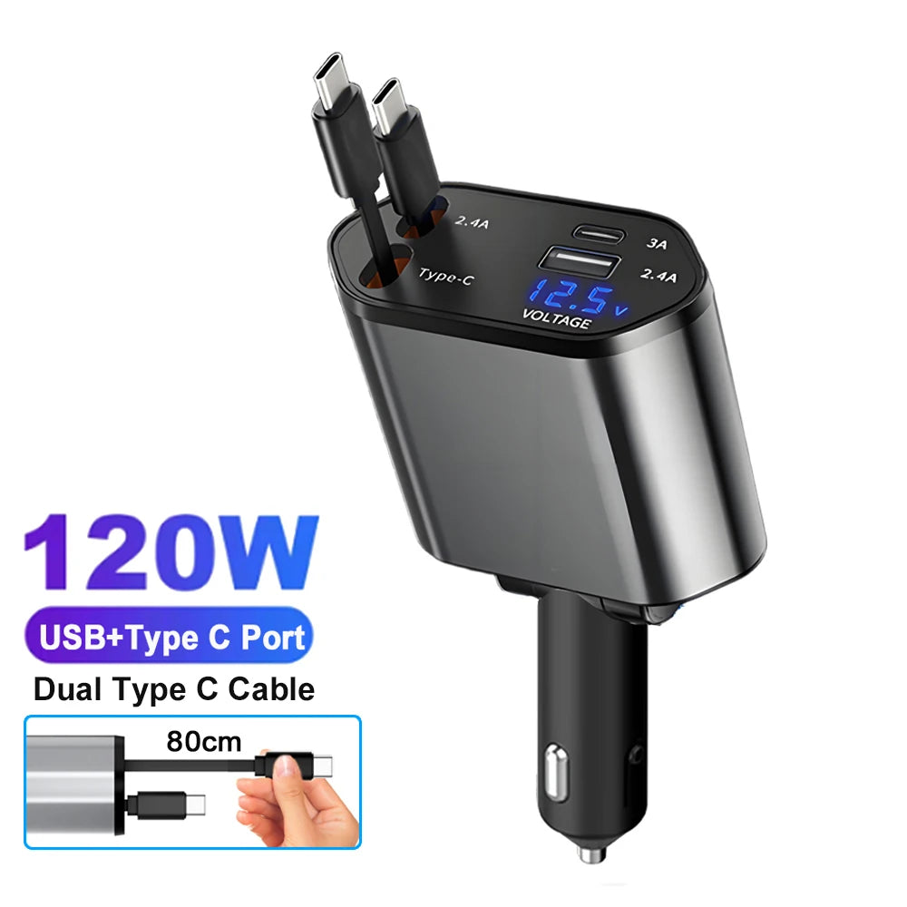 120W 4-in-1 Fast Retractable Car Charger with Voltage Display - 17