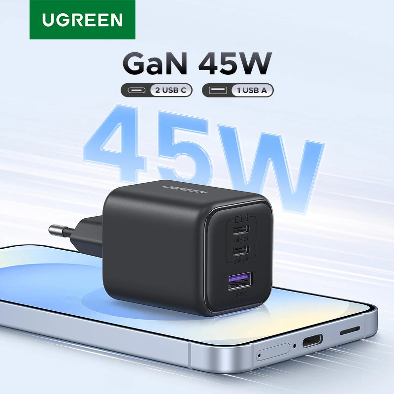 45W GaN Fast Wall Charger with Dual USB-C and USB-A Ports - 1