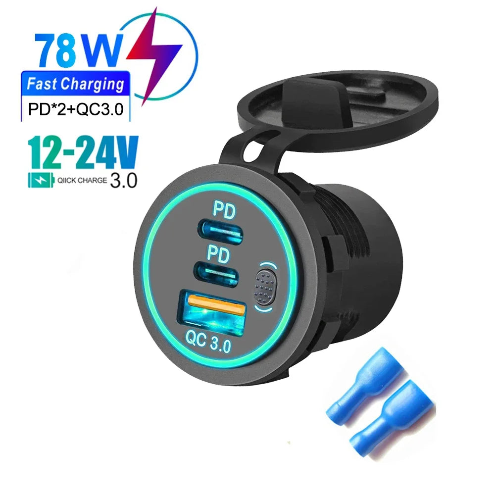 78W Triple Port USB-C Fast Car Charger Socket - 23