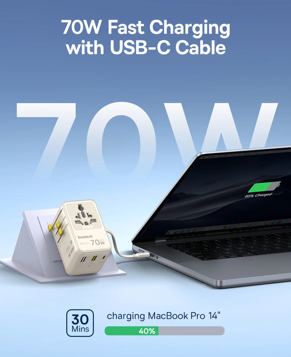 70W Universal GaN Travel Adapter with Fast Charging Ports