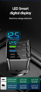 7-in-1 Fast Car Charger with Retractable Cables and Digital Voltmeter