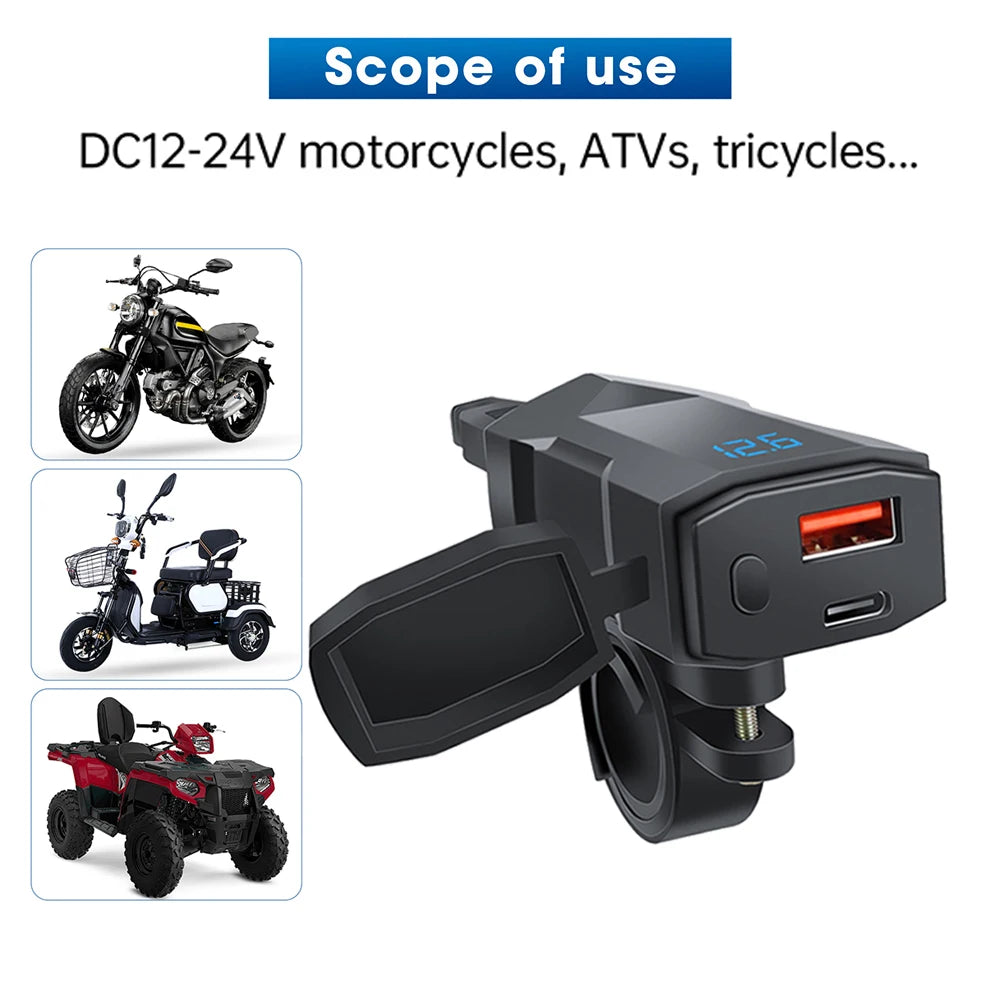 48W Dual USB-C & USB-A Motorcycle Phone Charger with Voltmeter