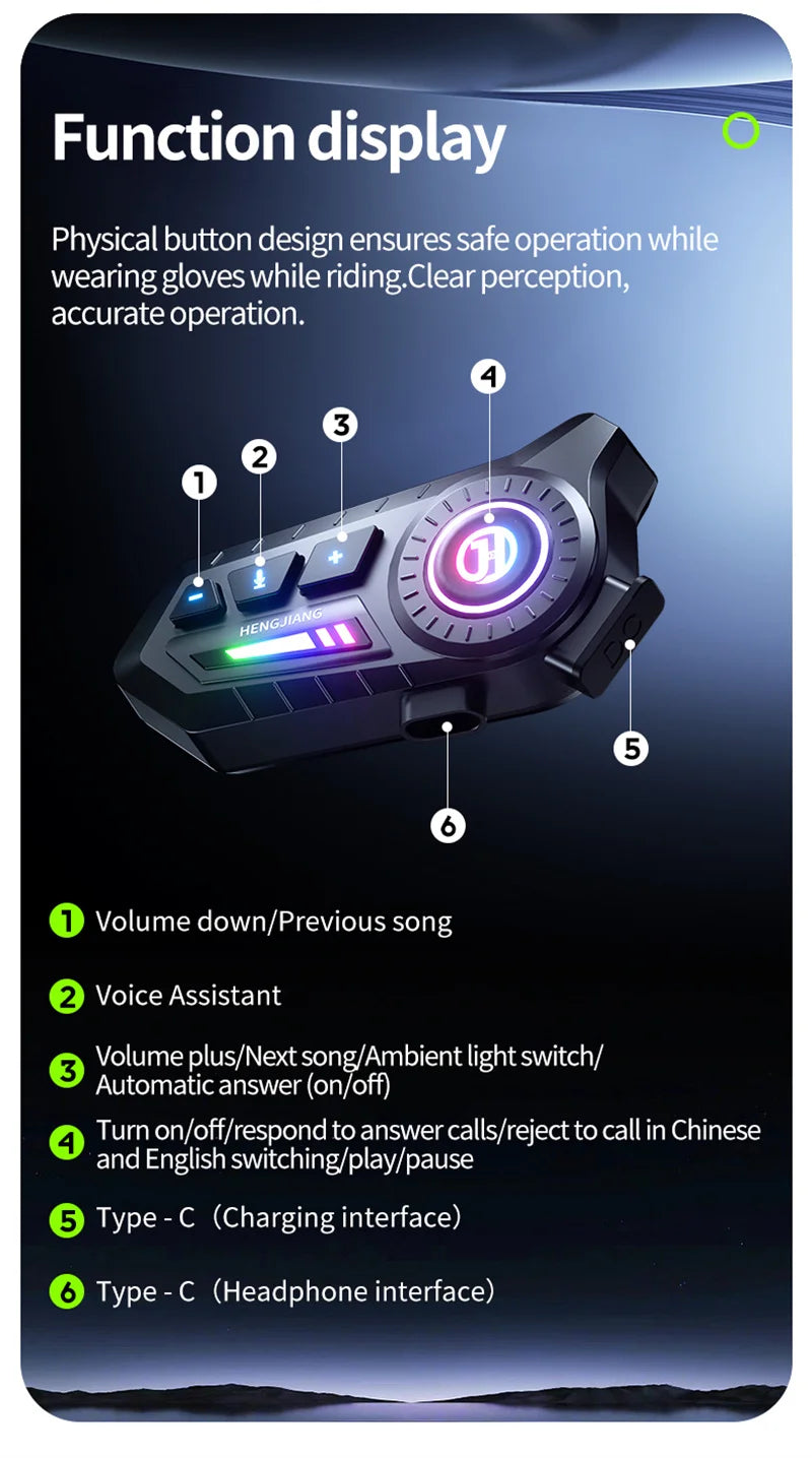X3 Bluetooth 6.0 Motorcycle Helmet Headset with RGB Light and IP67