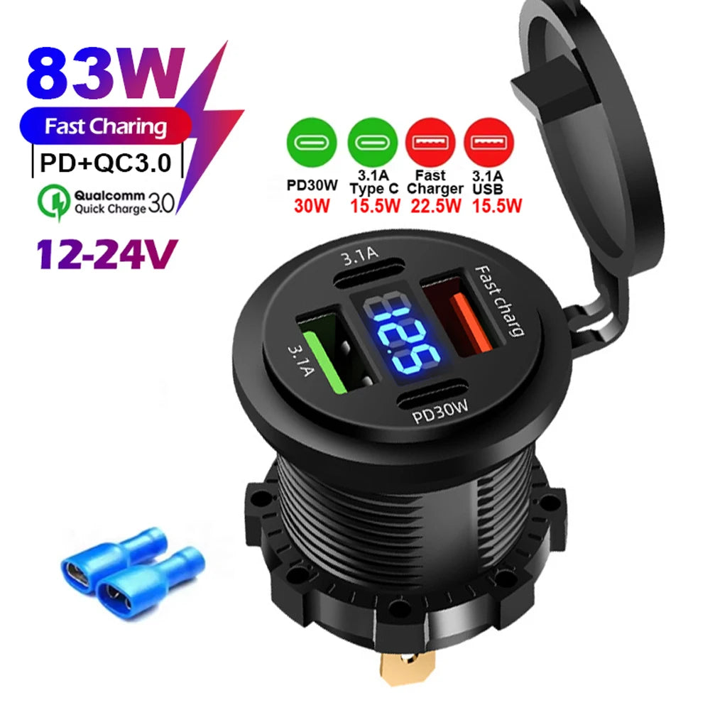 83W 4-Port Fast USB Car Charger Socket with Voltage Display