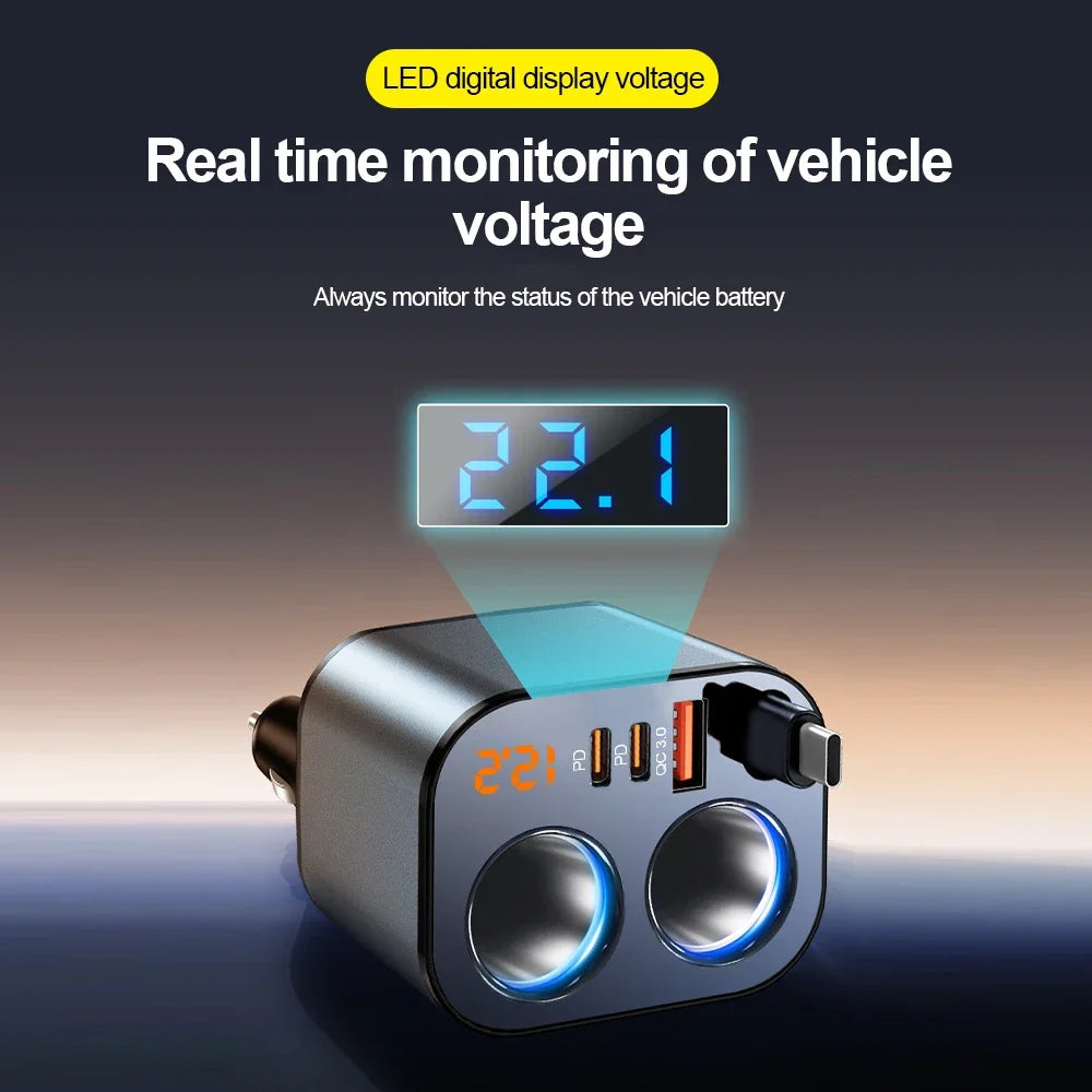 6-in-1 Retractable Fast Car Charger Adapter with Dual Lighter Ports