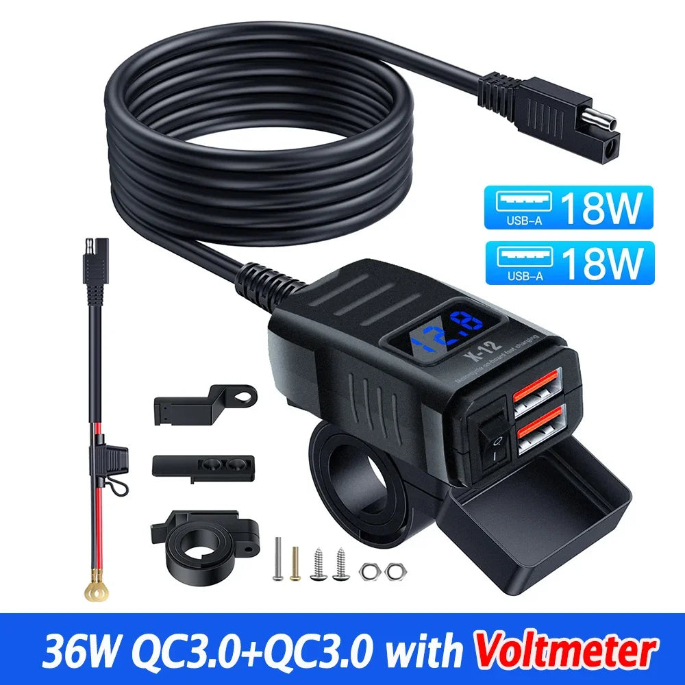 Motorcycle Handlebar USB Type C Charger with Voltmeter and Power Switch
