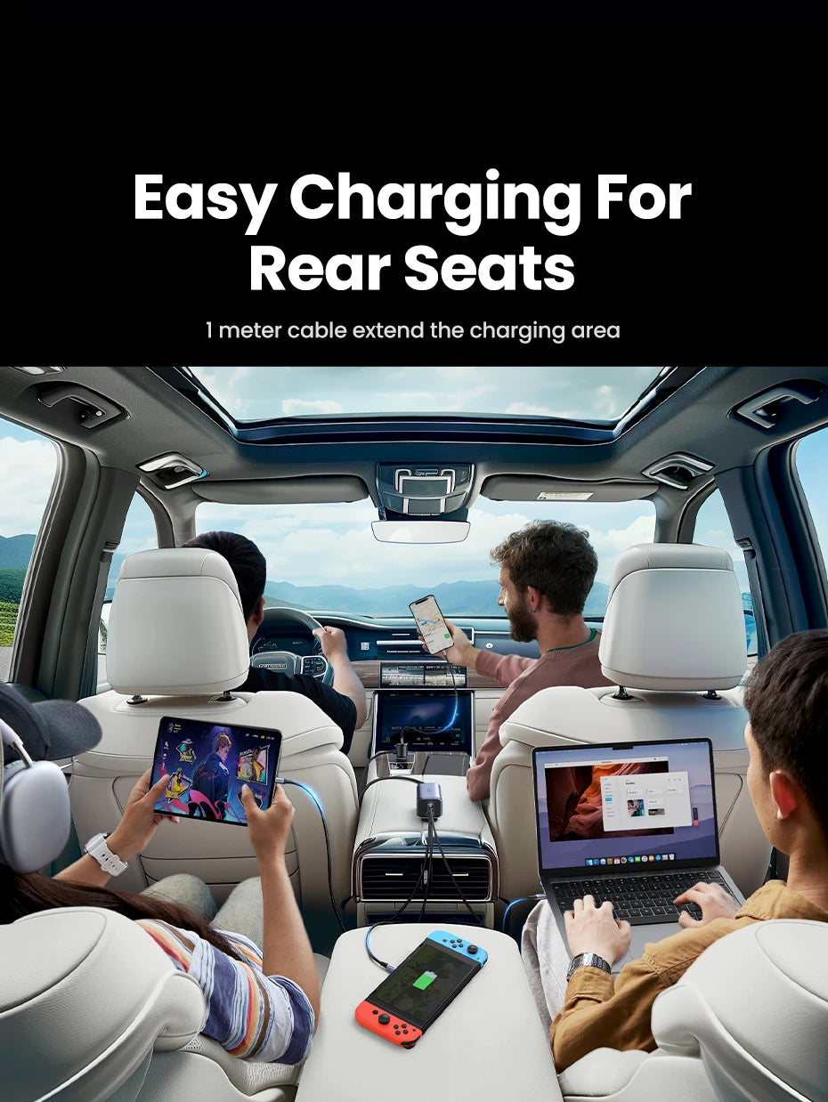 150W Fast Car Charger with 4-Port USB Extension for Laptops and Phones