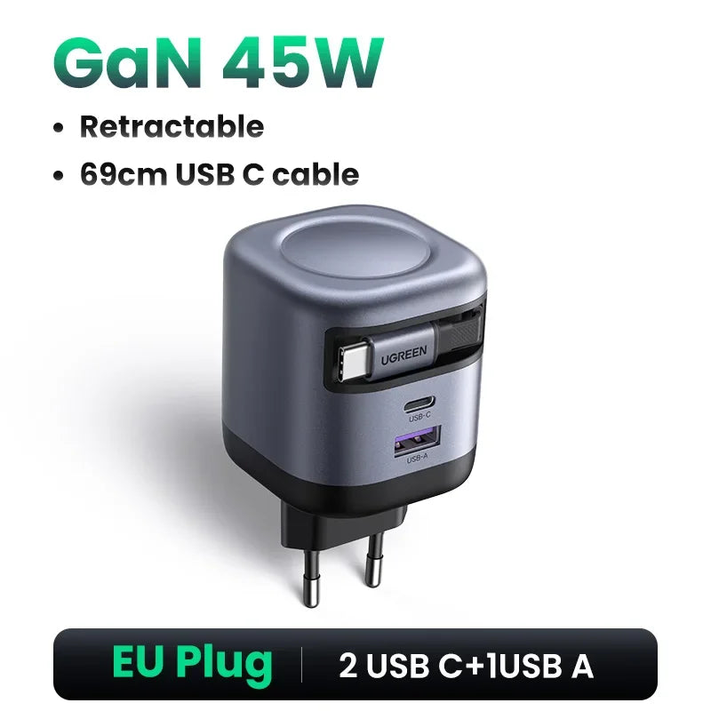 65W GaN Fast Wall Charger with Built-in Retractable USB-C Cable