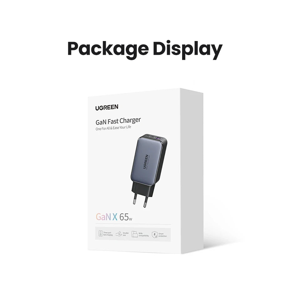 65W GaN Fast Wall Charger with 3 Ports for Laptops and Phones