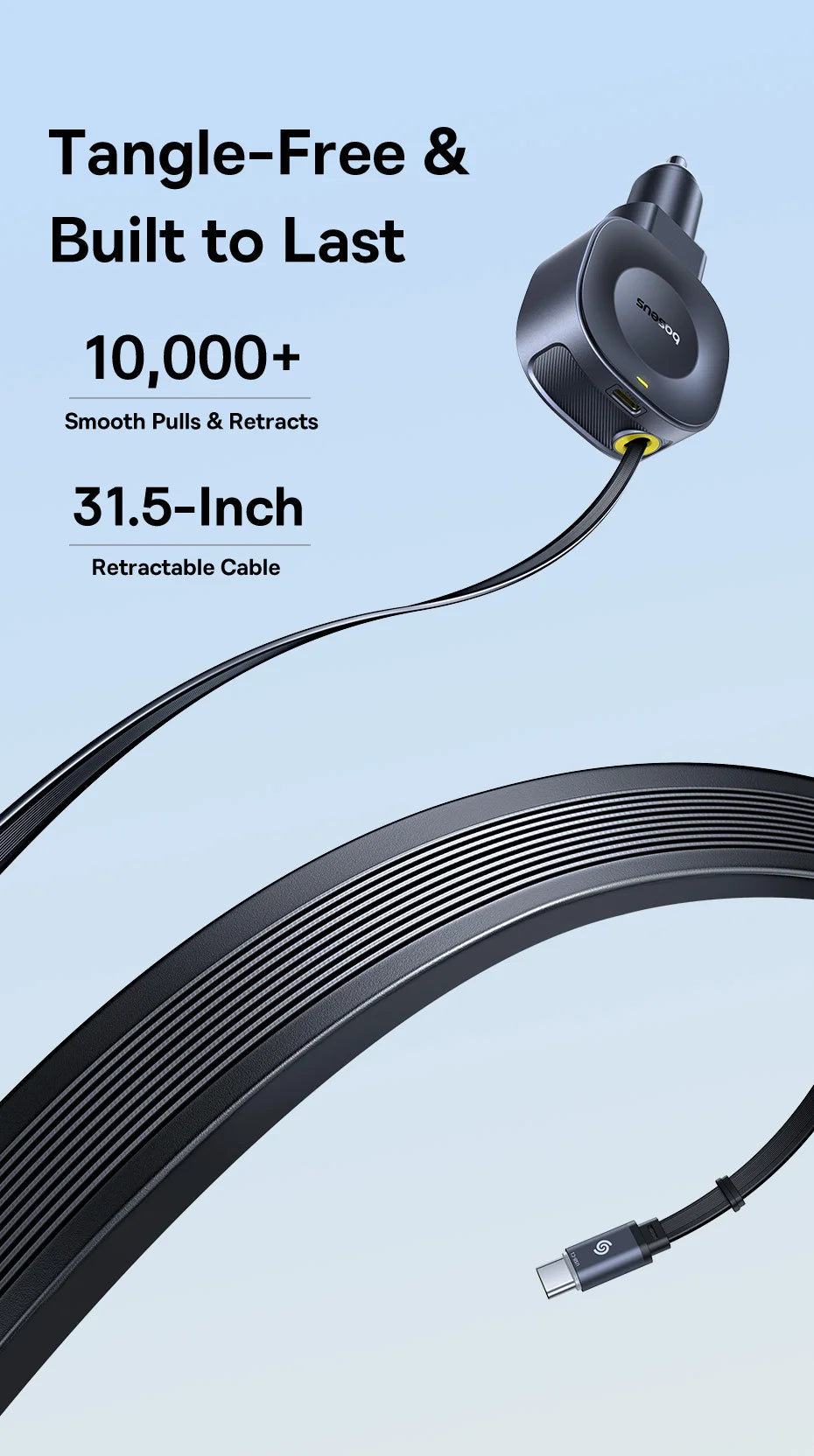 45W Dual USB-C Fast Car Charger with Retractable Cable