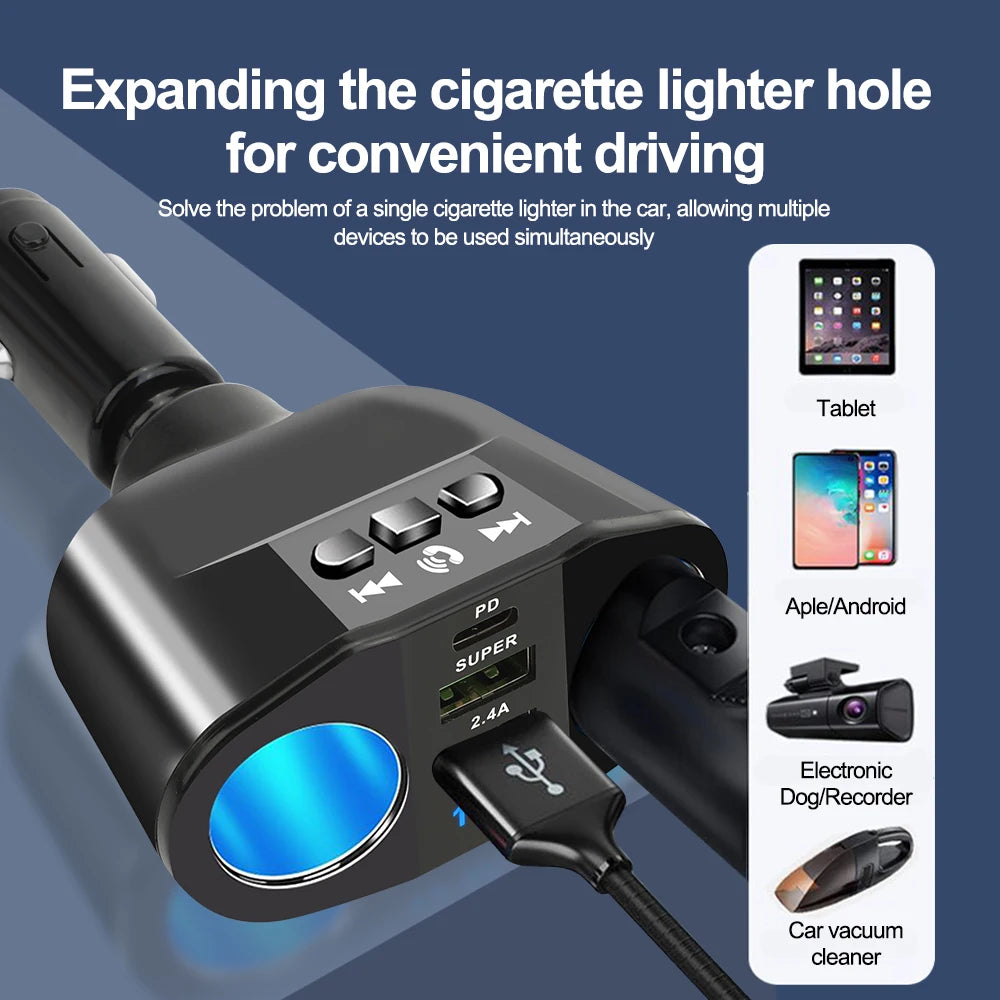 Car Cigarette Lighter Splitter PD USB Charger Bluetooth 5.0 FM Adapter