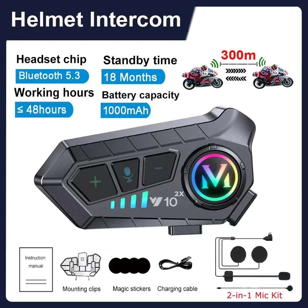 Bluetooth 5.3 Motorcycle Helmet Intercom Headset for 2 Riders