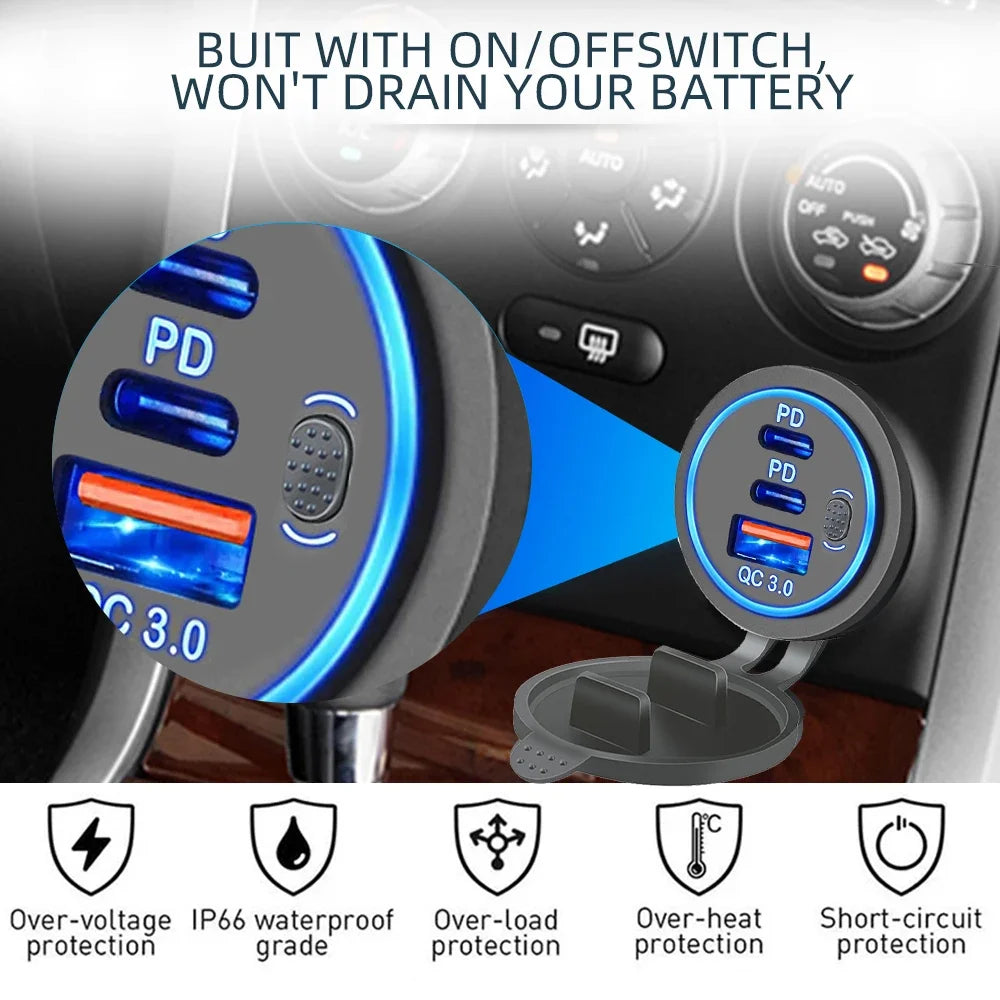 78W Triple Port USB-C Fast Car Charger Socket - 4