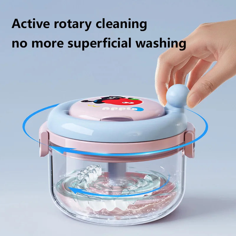 Rotary Denture Cleaning and Storage Container with Drainage Tray