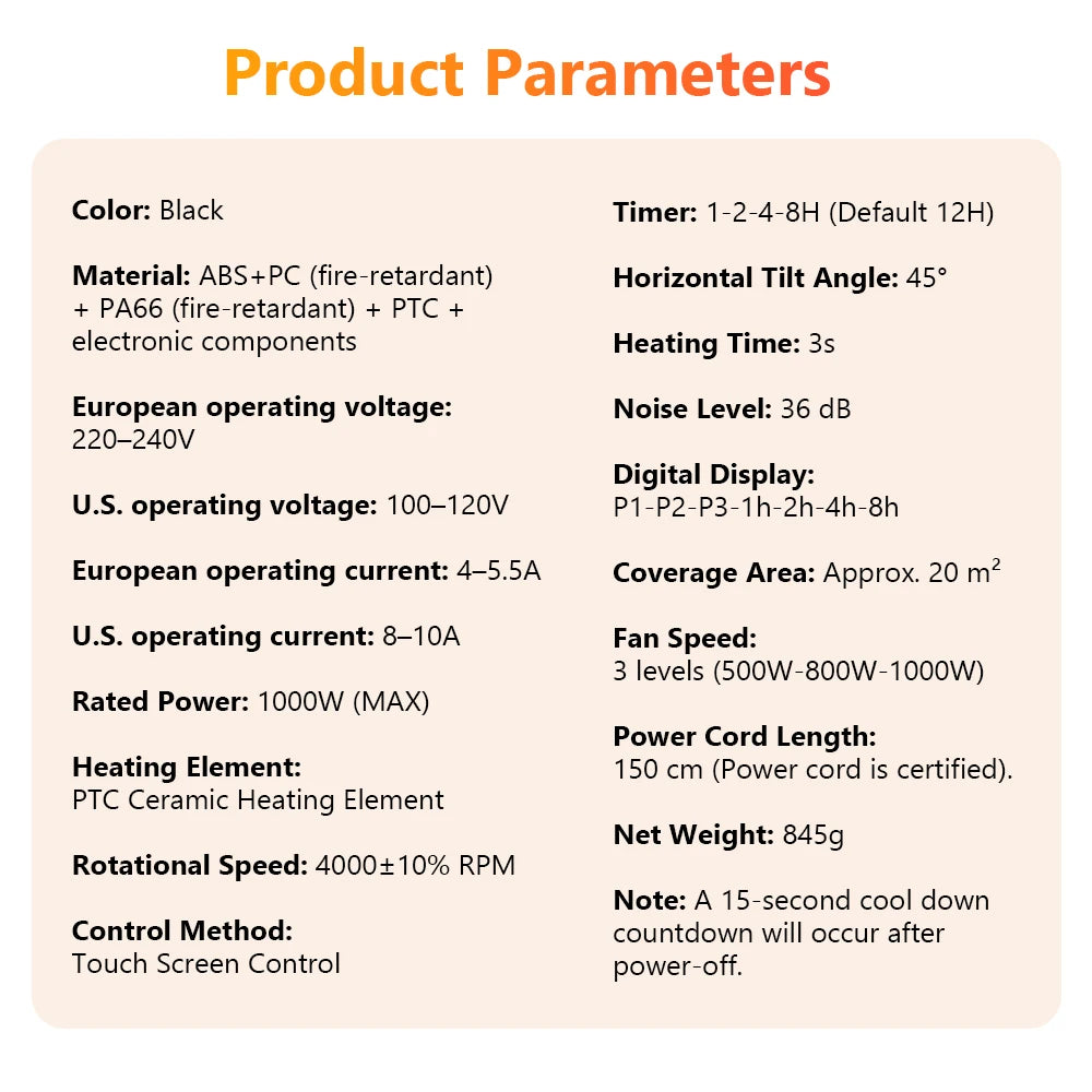 Portable PTC Ceramic Space Heater with Touch Control and Timer
