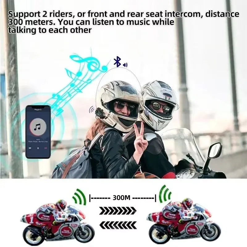 Bluetooth 5.3 Motorcycle Helmet Intercom Headset for 2 Riders 300M
