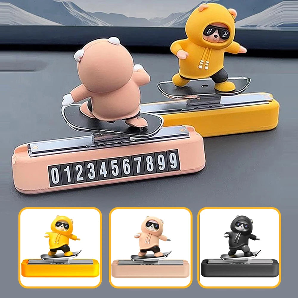 Skateboarding Bear Car Dashboard Ornament with Parking Number Plate