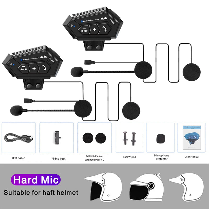 BT-12B Bluetooth 5.0 Motorcycle Helmet Intercom Headset 300M Range