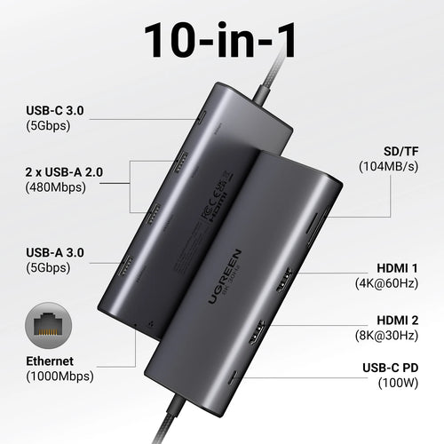 10-in-1 Dual HDMI USB-C Docking Station with 100W PD and 8K Support