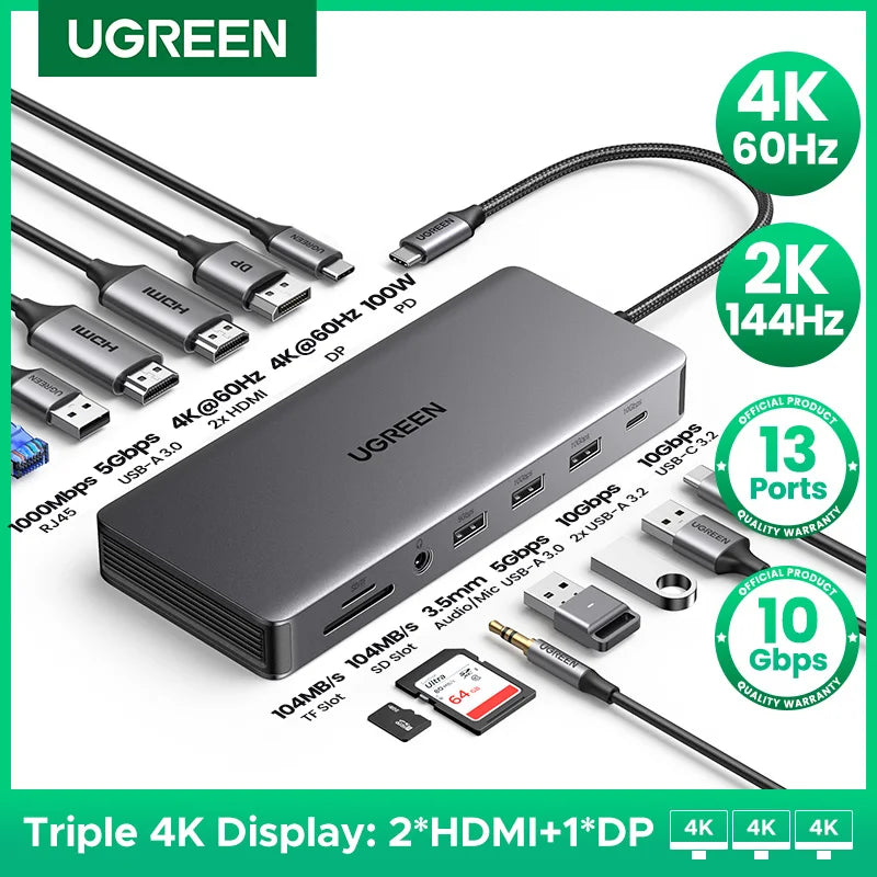 13-in-1 Triple Display USB-C Docking Station with 4K 60Hz Support