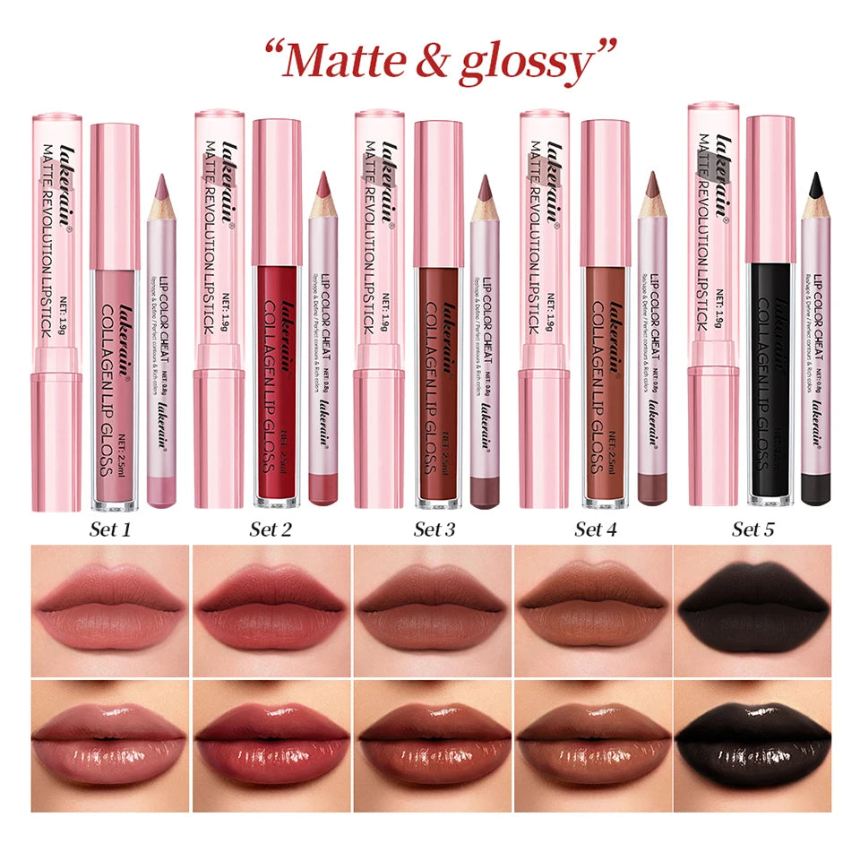 3-Piece Matte Lipstick and Lip Gloss Makeup Set