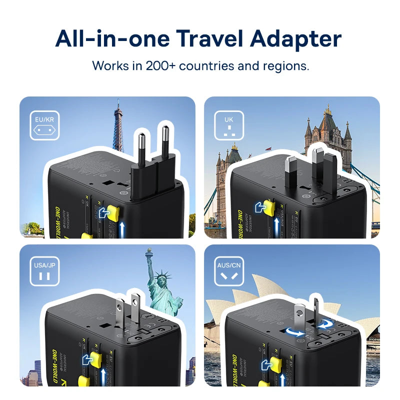 70W GaN Universal Travel Power Adapter with Retractable Cable - 2