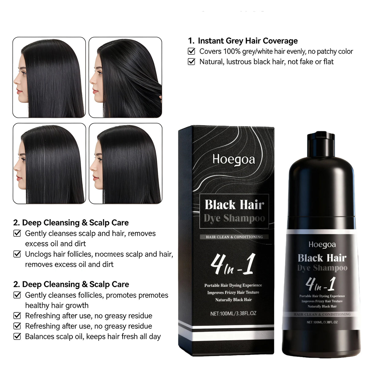 4-in-1 Instant Black Hair Dye Shampoo for Gray Coverage