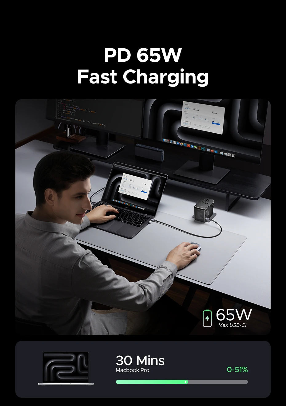 65W GaN Universal Travel Adapter with 2 USB-C and 1 USB-A Ports - 18