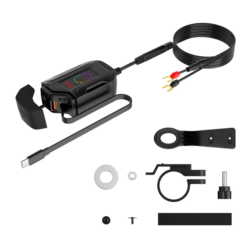78W Motorcycle Quick Charger with Retractable Cable and Voltmeter