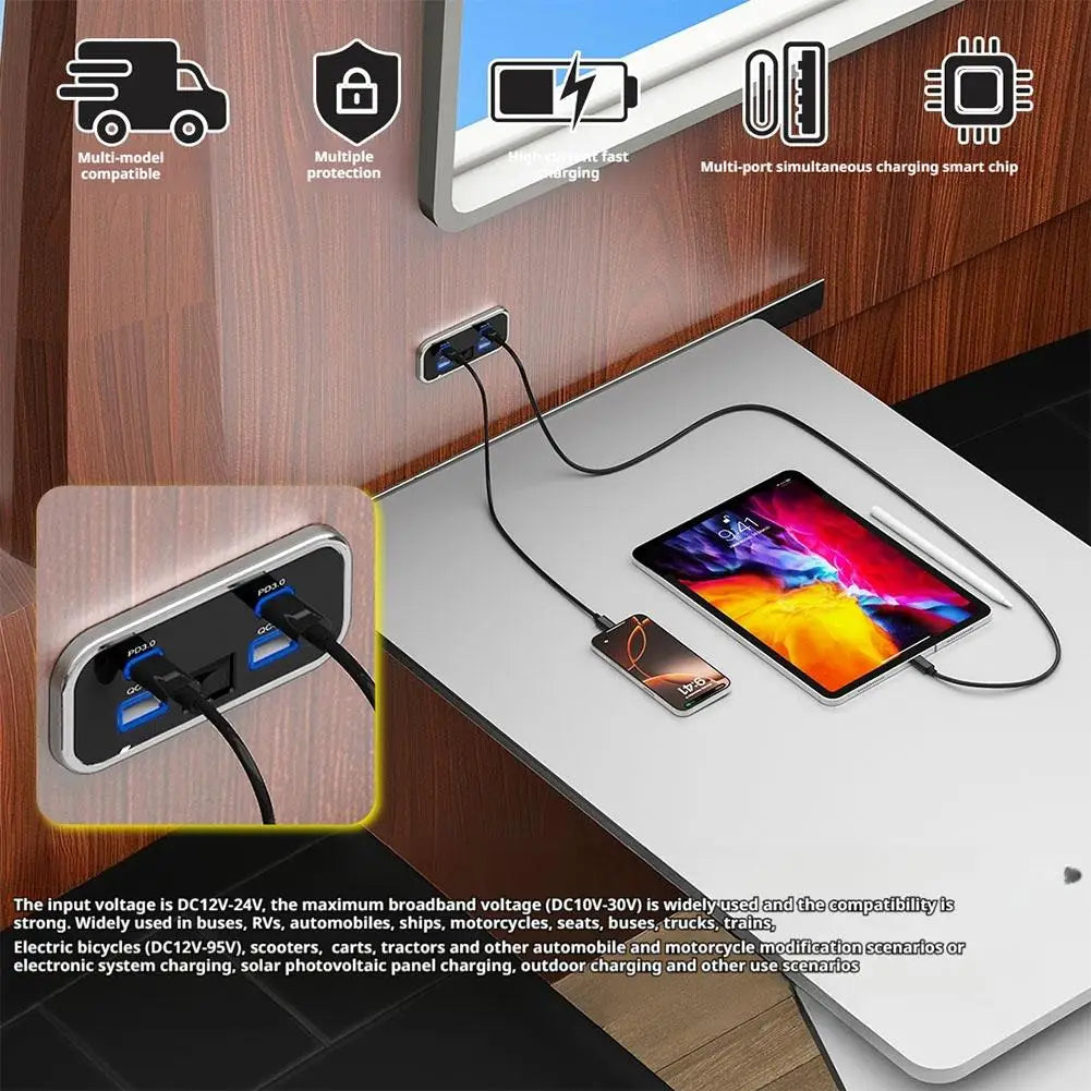 4 Port USB Car Charger with QC3.0 and PD3.0 Fast Charging Socket