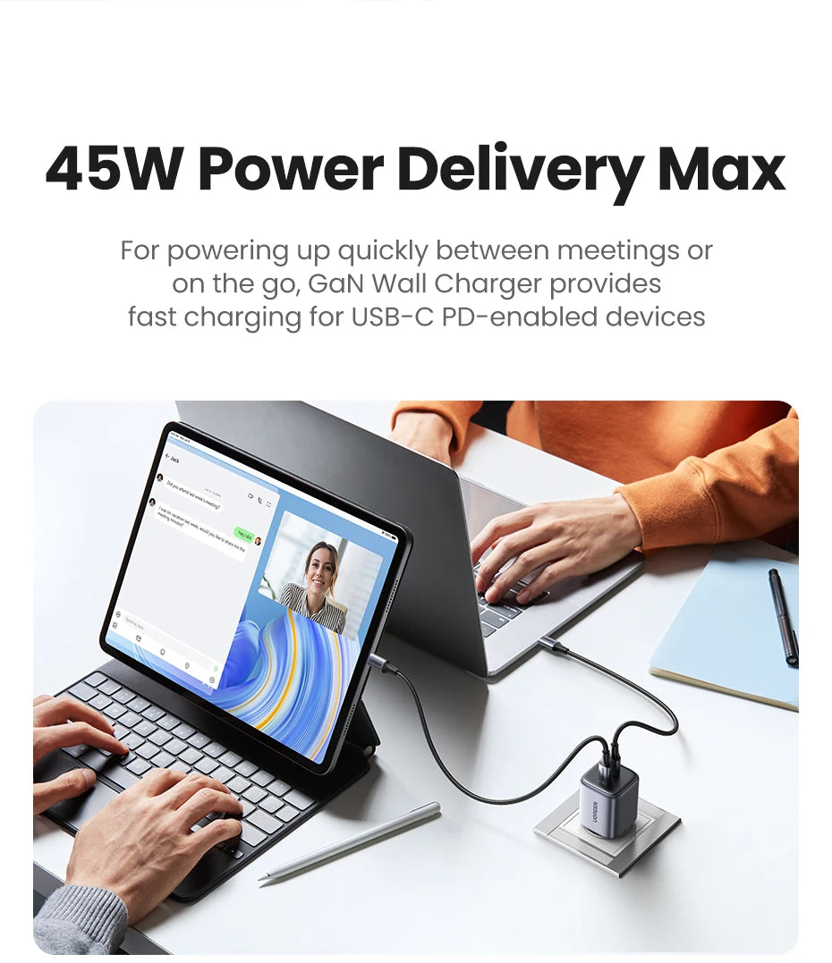 45W Dual USB-C GaN Fast Wall Charger for Smartphones and Tablets