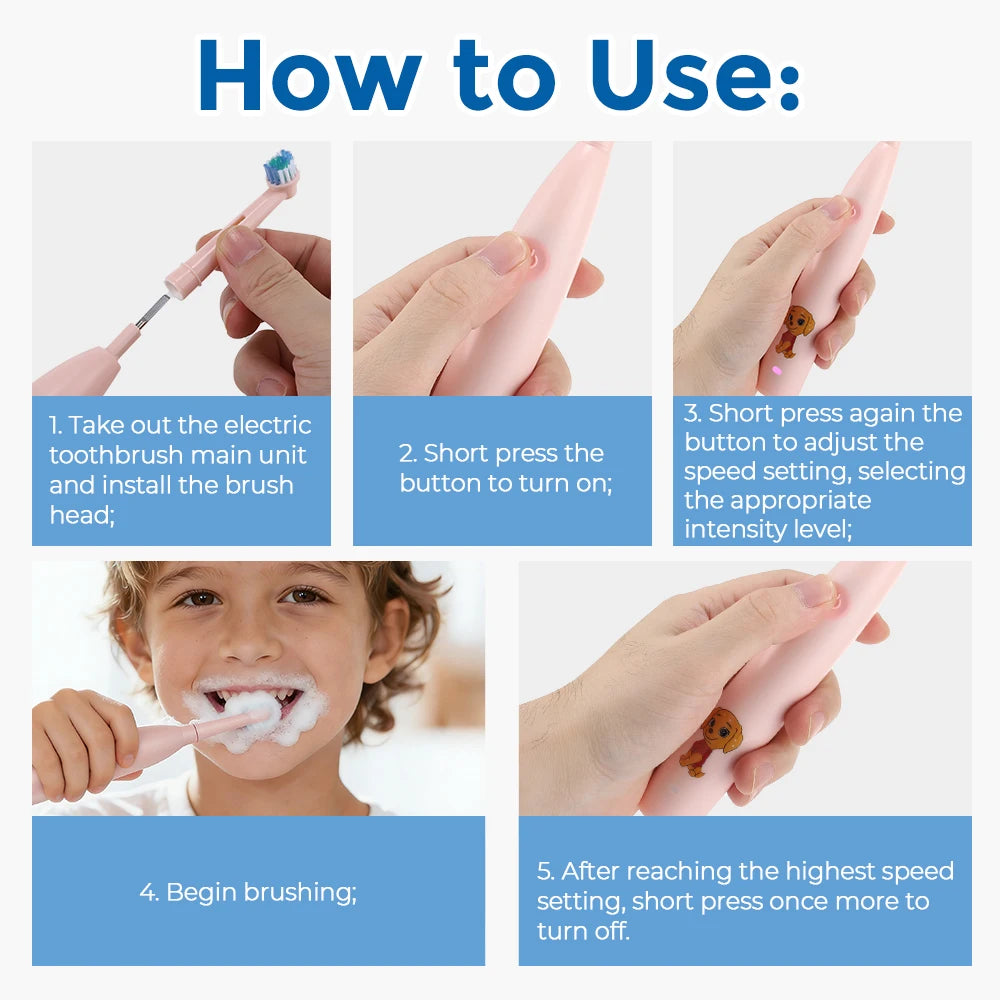 Rechargeable Electric Toothbrush for Kids with 4 Brush Heads