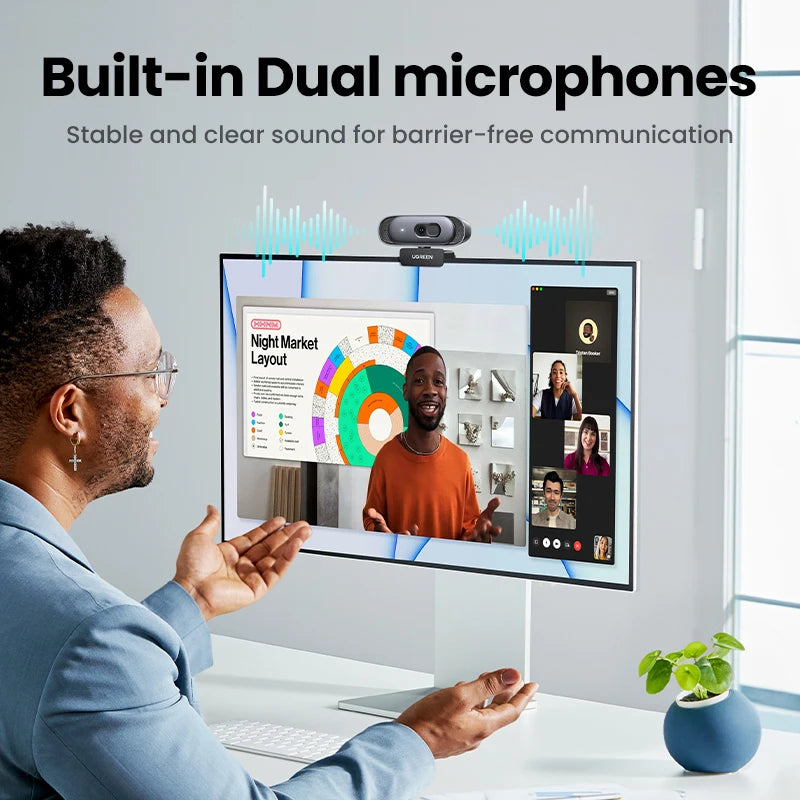 2K Ultra HD USB Webcam with Dual Microphones for Video Calls