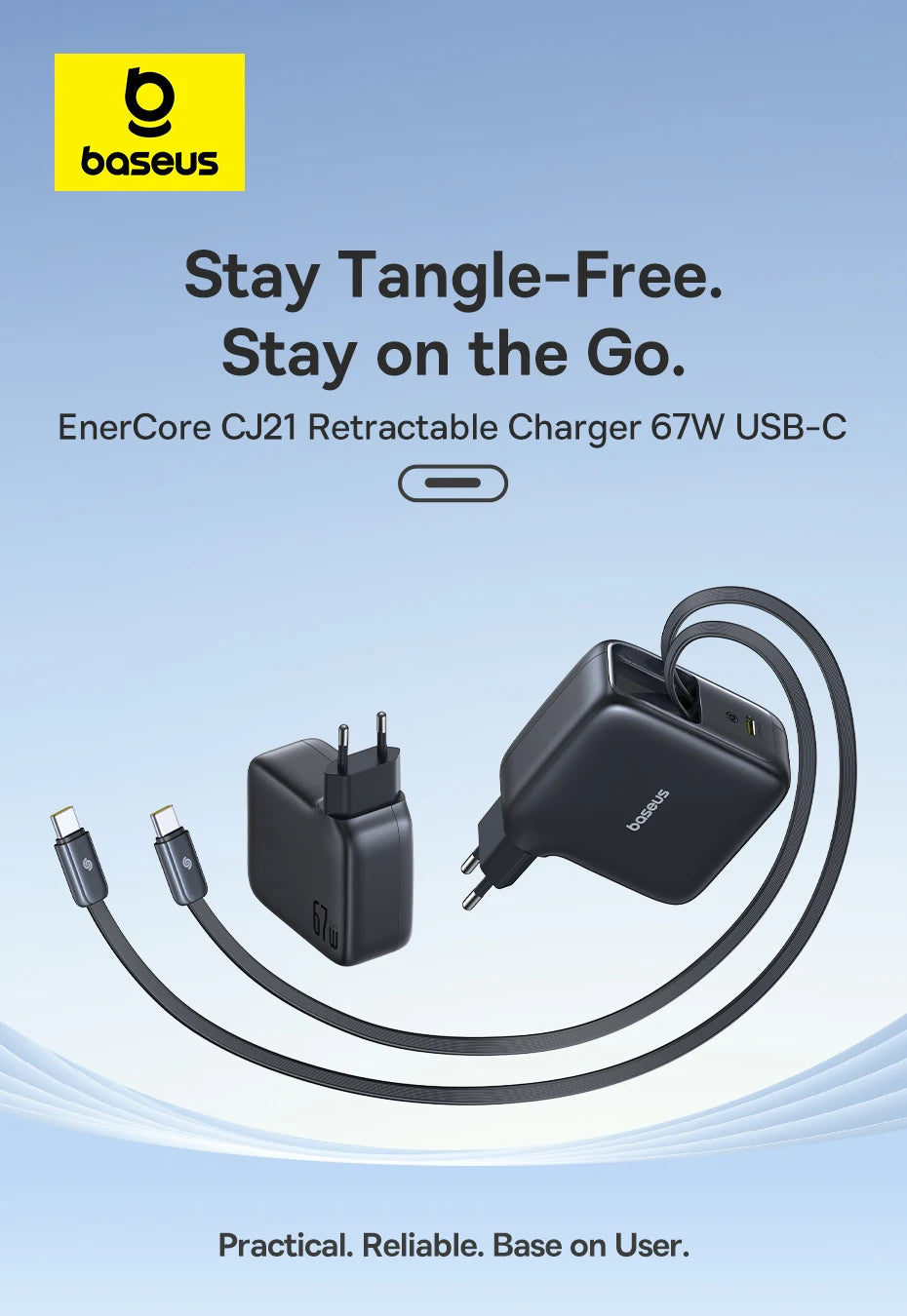 67W GaN Fast Charger with Retractable USB-C Cable for Laptops and Phones