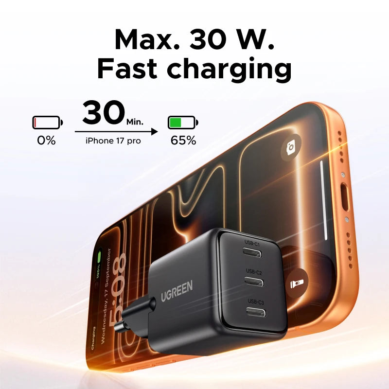 30W GaN Fast Wall Charger with 3 USB-C Ports - 2