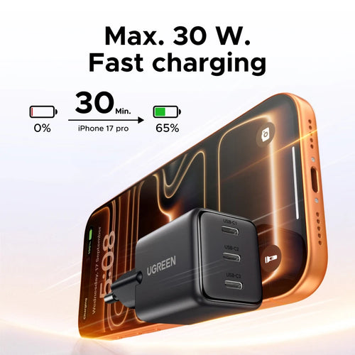 30W GaN Fast Wall Charger with 3 USB-C Ports