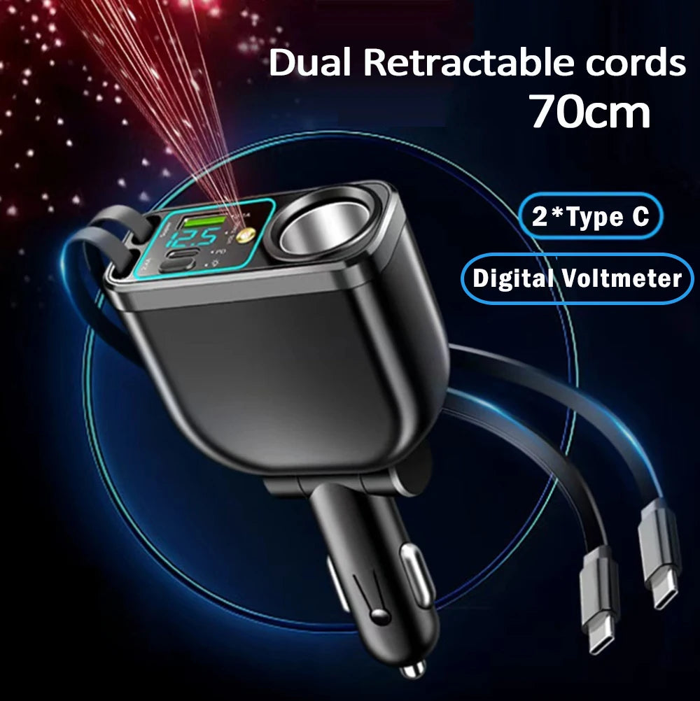120W 5 in 1 Retractable Car Charger with Voltmeter and Starry Light