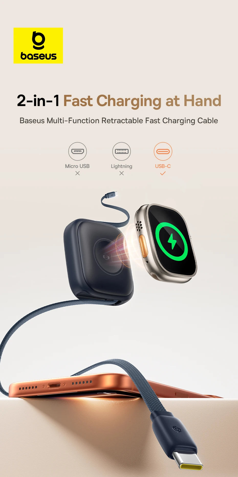 100W Retractable Fast Charging Cable with Watch Wireless Charger - 8