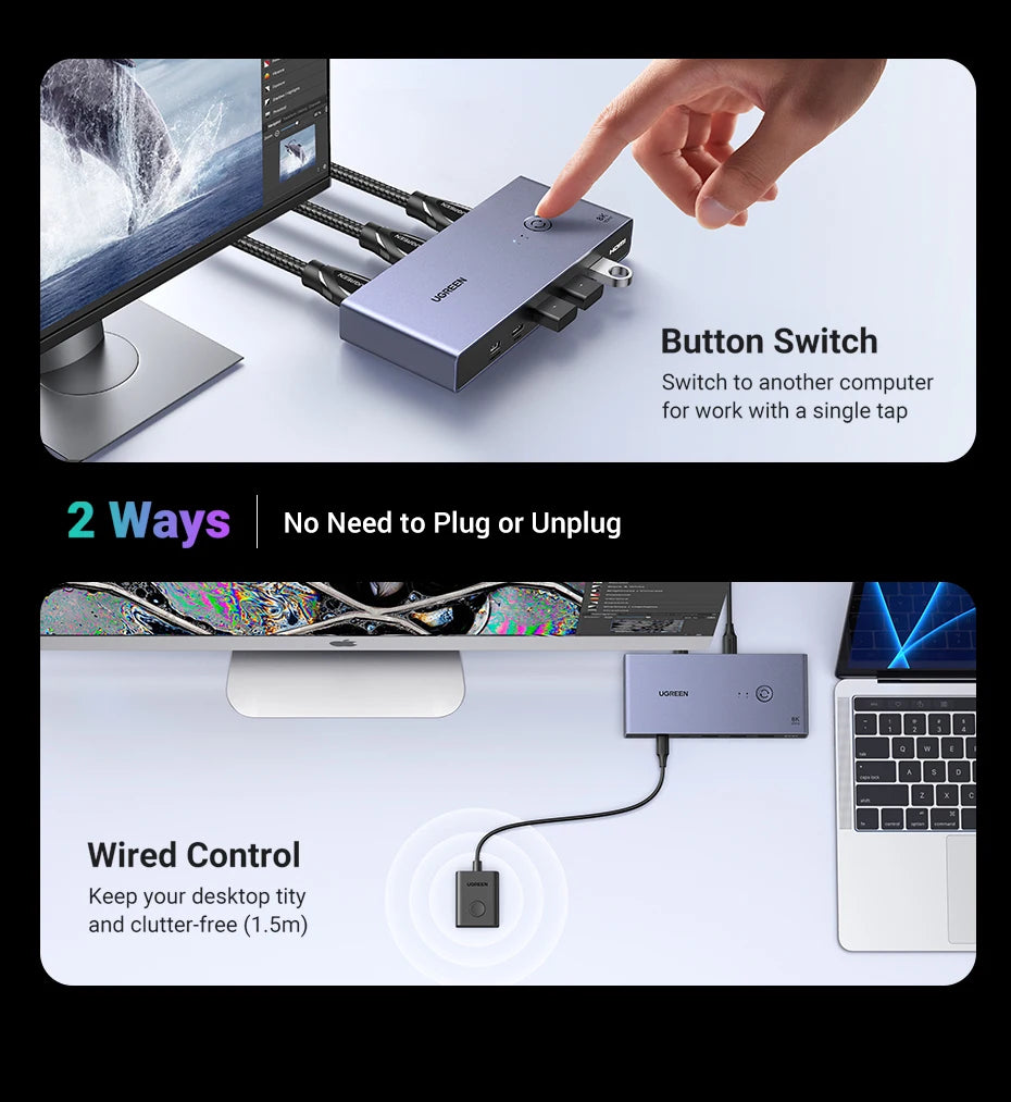 8K 60Hz HDMI 2.1 KVM Switch for Dual Computer Peripheral Sharing