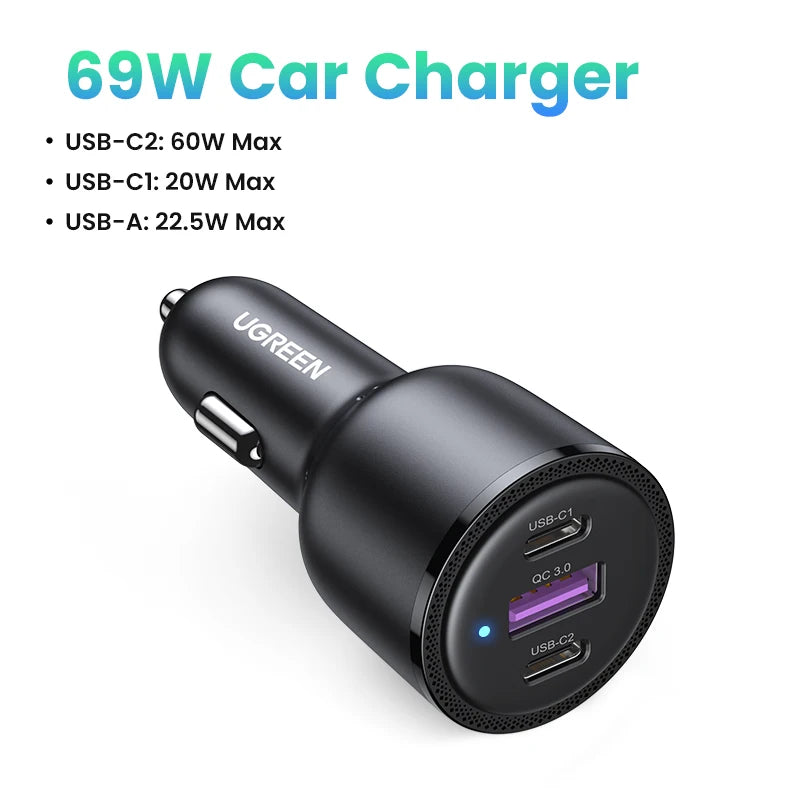 130W 3-Port Fast Car Charger for Laptops and Smartphones